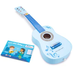 Houten Gitaar Blauw Kindergitaar -Peuter Plezier Verkoopwinkel NCT kinder gitaar blauw houten gitaar.jpg met muziekboekje